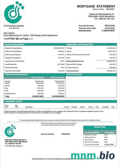 Macedonia Północna Stopanska Banka AD Bitola wyciąg z kredytu hipotecznego szablon Word i PDF